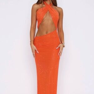White Fox Boutique Orange Crisscross Backless Maxi Dress